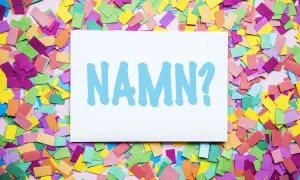 En vit skylt med texten "NAMN?" i ljusblått, omgiven av färgglatt konfetti. Kanske ett unisex namn ska väljas?