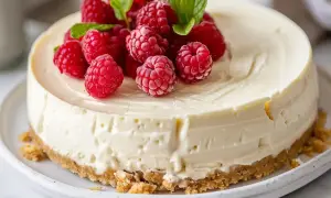 En krämig, frozen cheesecake toppad med färska hallon och myntablad. Perfekt för en somrig fika.