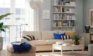 Mysigt tv rum inspiration med bekväm soffa, bokhyllor fyllda med böcker och en stor, fluffig matta.