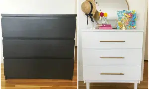 Före- och efterbild på en malm byrå makeover. Mörkgrå byrå förvandlad till vit med guldfärgade handtag och ben.