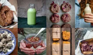 En samling av läckra lchf snacks: energibollar, kakor, smoothies och mer. Perfekt för den som vill ha något gott och mättande.