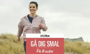 En kvinna promenerar sig i form längs en strand. Texten "Gå dig smal på 10 veckor" syns.