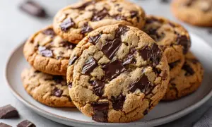 En hög med nybakade chocolate chip cookies, med smält choklad som sticker ut. Perfekt för en fika!