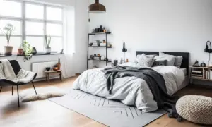 Sovrum inspiration med en stor säng med gråa plädar, en svart fåtölj med fårskinn och en hylla med böcker.