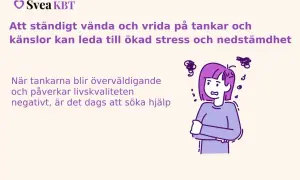 En person med korslagda armar och oroliga tankesnurror runt huvudet. Texten beskriver hur tankar kan leda till stress och nedstämdhet, liknande faser efter otrohet, och att söka hjälp.