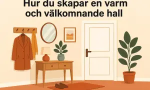 En mysig hall med en rock på kroken, en spegel, en lampa och en växt. En dörr och en matta fulländar bilden.