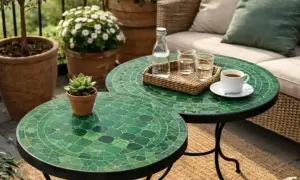 Två gröna mosaikbord i marockansk stil, med en kaffekopp och glas på. En liten suckulent står på det främre bordet.