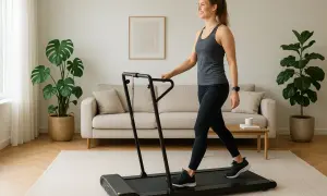 Kvinna går på löpband hemma, ett perfekt sätt att gå ner i vikt med promenader schema.