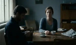 En kvinna med orolig blick sitter vid ett bord med en man. Kanske en manipulativ person försöker påverka henne.