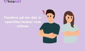 Två arga personer med armarna i kors. Texten uppmanar till att fundera på tankar som utlöser ilska i relationer.