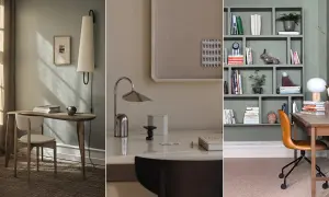 Tre olika vyer av ett mysigt kontor. Ett med ett träbord och stol, ett med ett skrivbord och en lampa, och ett med en bokhylla och ett skrivbord.