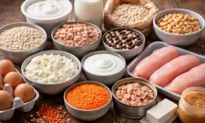 En mängd proteinrik mat: kycklingfiléer, ägg, linser, bönor, havregryn, kvarg, yoghurt, mjölk och tonfisk.