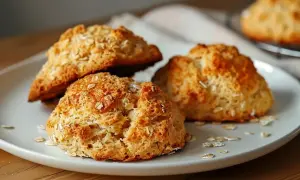 Gyllene, fluffiga scones med havregryn, redo att avnjutas. Ett perfekt scones recept för fikat.