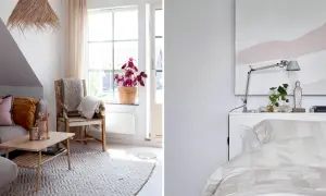 Mysigt litet sovrum inspiration med en bekväm soffa, ett träbord och en stol med plädar. På andra sidan syns en säng med randigt påslakan.