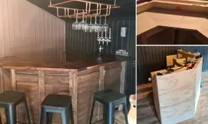 Här visas processen att bygga bar. En färdigbyggd bar med glas och kranar, samt bilder på hur man bygger en bar i trä.