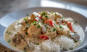 En krämig chicken a la king med ris, svamp och paprika, toppad med färsk persilja. En klassiker som alltid smakar bra.