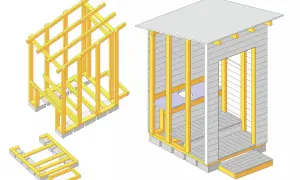 Illustration visar steg för att bygga utedass: stomme, golv och tak.