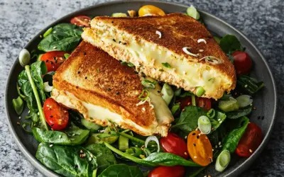 En gyllene, smältande tuna melt serveras på en bädd av färsk spenat, körsbärstomater och gurka.