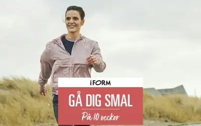 En kvinna promenerar sig i form längs en strand. Texten "Gå dig smal på 10 veckor" syns.
