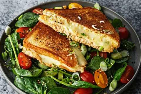 En gyllene, smältande tuna melt serveras på en bädd av färsk spenat, körsbärstomater och gurka.