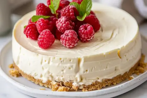 En krämig, frozen cheesecake toppad med färska hallon och myntablad. Perfekt för en somrig fika.