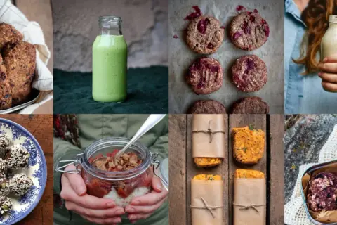 En samling av läckra lchf snacks: energibollar, kakor, smoothies och mer. Perfekt för den som vill ha något gott och mättande.