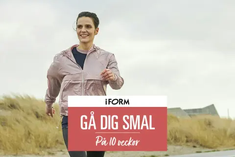 En kvinna promenerar sig i form längs en strand. Texten "Gå dig smal på 10 veckor" syns.
