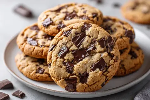 En hög med nybakade chocolate chip cookies, med smält choklad som sticker ut. Perfekt för en fika!