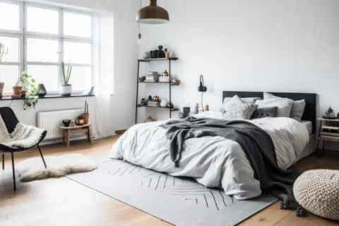 Sovrum inspiration med en stor säng med gråa plädar, en svart fåtölj med fårskinn och en hylla med böcker.
