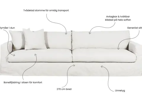 En vit soffa med generöst sittdjup, avtagbar klädsel och bonellfjädring. Perfekt för dig som vill bygga egen soffa med komfort och stil.
