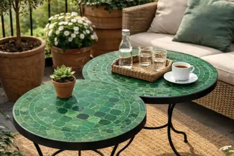 Två gröna mosaikbord i marockansk stil, med en kaffekopp och glas på. En liten suckulent står på det främre bordet.
