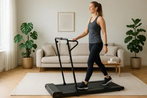 Kvinna går på löpband hemma, ett perfekt sätt att gå ner i vikt med promenader schema.