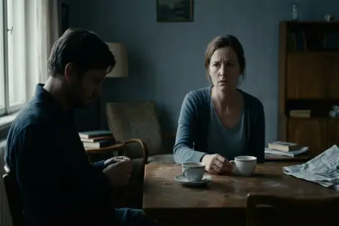 En kvinna med orolig blick sitter vid ett bord med en man. Kanske en manipulativ person försöker påverka henne.