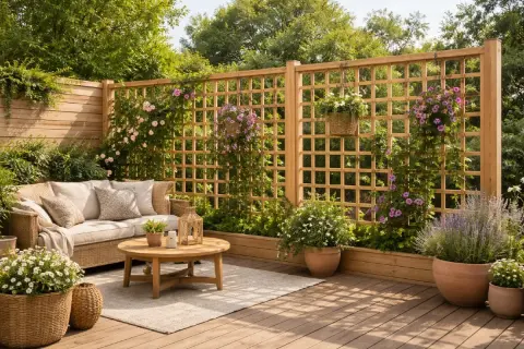 En inbjudande uteplats med bekväm soffa, runt träbord och blommor. Träaltanen ser nybehandlad ut, perfekt för att måla altangolv.