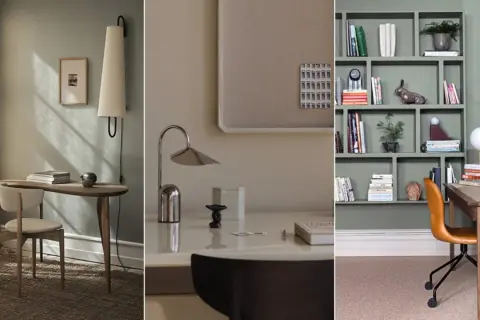 Tre olika vyer av ett mysigt kontor. Ett med ett träbord och stol, ett med ett skrivbord och en lampa, och ett med en bokhylla och ett skrivbord.