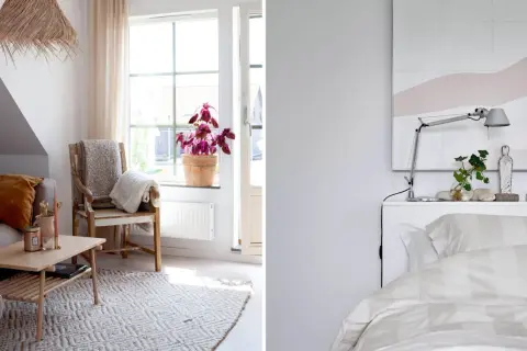 Mysigt litet sovrum inspiration med en bekväm soffa, ett träbord och en stol med plädar. På andra sidan syns en säng med randigt påslakan.