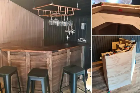 Här visas processen att bygga bar. En färdigbyggd bar med glas och kranar, samt bilder på hur man bygger en bar i trä.