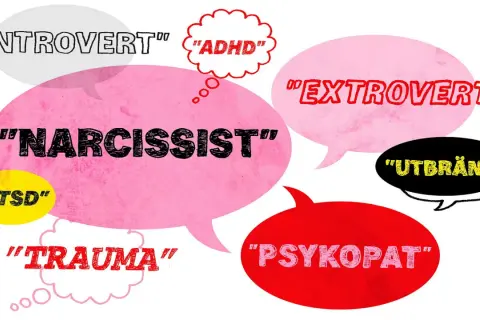 Tankar om "narcissist" och andra personlighetsdrag som "introvert", "extrovert", "ADHD", "PTSD", "trauma", "utbränd" och "psykopat" i pratbubblor.