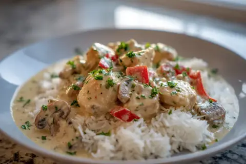 En krämig chicken a la king med ris, svamp och paprika, toppad med färsk persilja. En klassiker som alltid smakar bra.