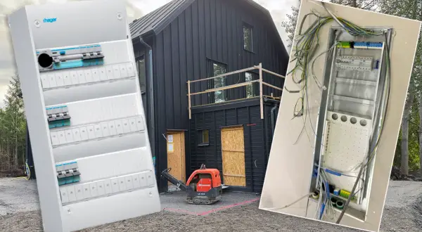 Elcentralen är redo att bygga in i det mörka huset. Kablar och säkringar väntar på sin plats.