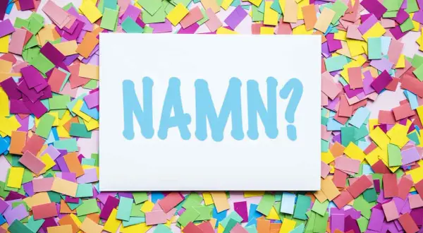 En vit skylt med texten "NAMN?" i ljusblått, omgiven av färgglatt konfetti. Kanske ett unisex namn ska väljas?