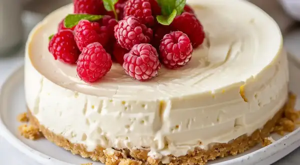 En krämig, frozen cheesecake toppad med färska hallon och myntablad. Perfekt för en somrig fika.
