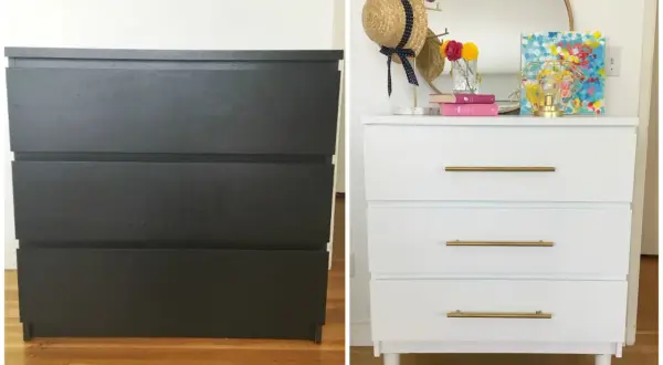 Före- och efterbild på en malm byrå makeover. Mörkgrå byrå förvandlad till vit med guldfärgade handtag och ben.