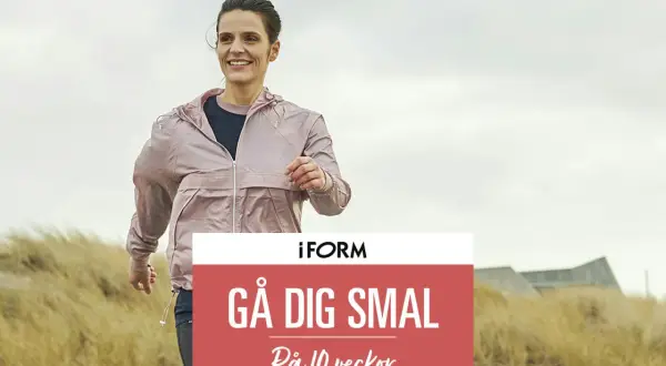 En kvinna promenerar sig i form längs en strand. Texten "Gå dig smal på 10 veckor" syns.