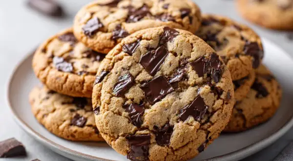 En hög med nybakade chocolate chip cookies, med smält choklad som sticker ut. Perfekt för en fika!