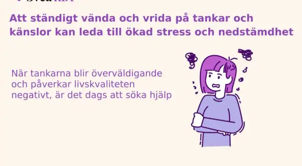 En person med korslagda armar och oroliga tankesnurror runt huvudet. Texten beskriver hur tankar kan leda till stress och nedstämdhet, liknande faser efter otrohet, och att söka hjälp.