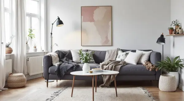 En grå soffa med många kuddar och plädar, ett runt soffbord och en matta skapar en mysig bohemisk inredning.