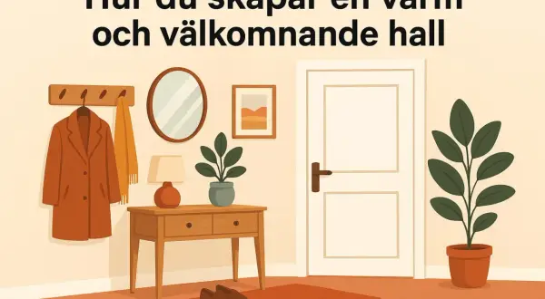 En mysig hall med en rock på kroken, en spegel, en lampa och en växt. En dörr och en matta fulländar bilden.