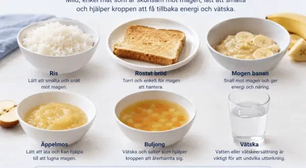 Mat efter magsjuka: ris, rostat bröd, banan, äppelmos, buljong och vätska. Skonsam mat för magen.
