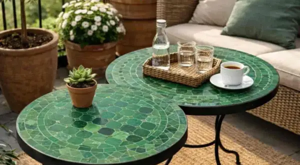 Två gröna mosaikbord i marockansk stil, med en kaffekopp och glas på. En liten suckulent står på det främre bordet.